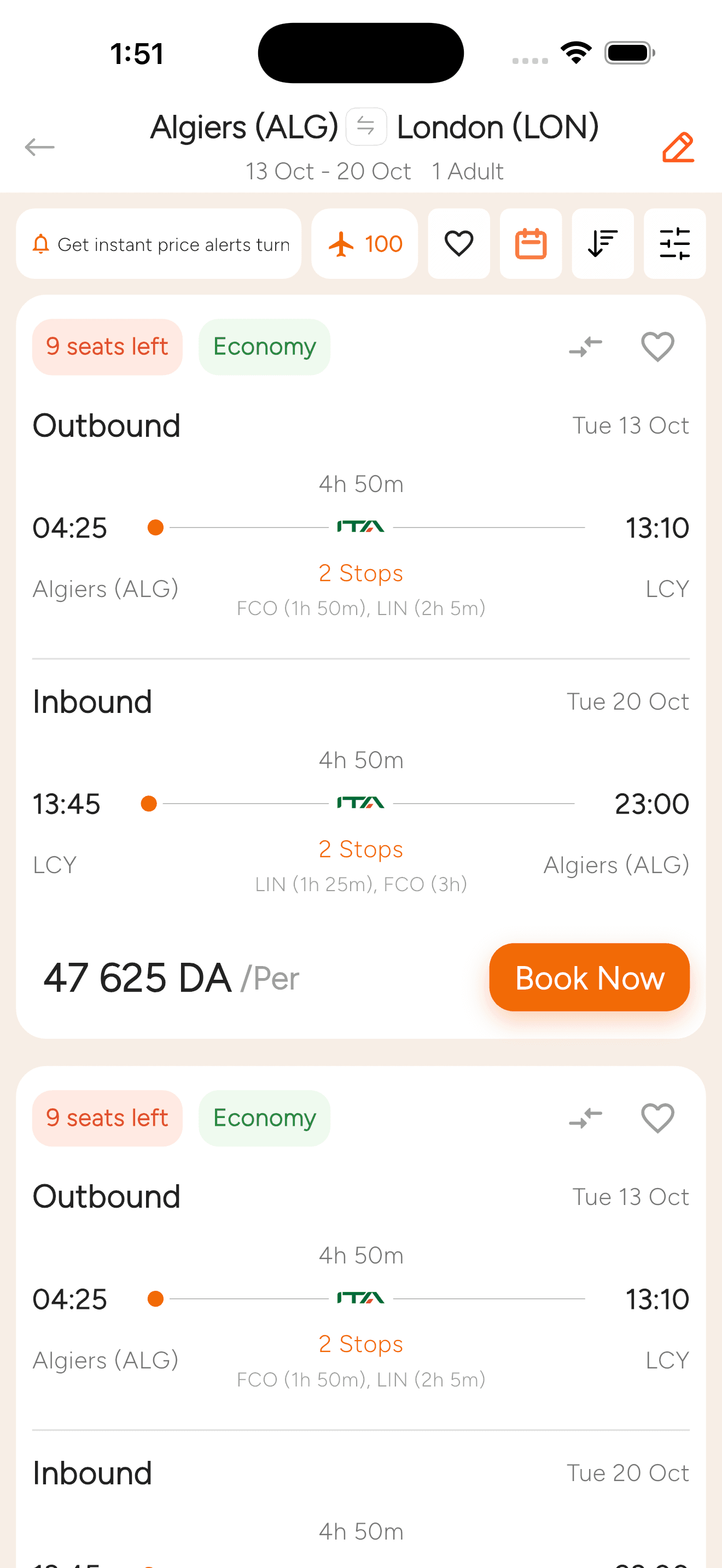 Flight results in the Nouba Plus app